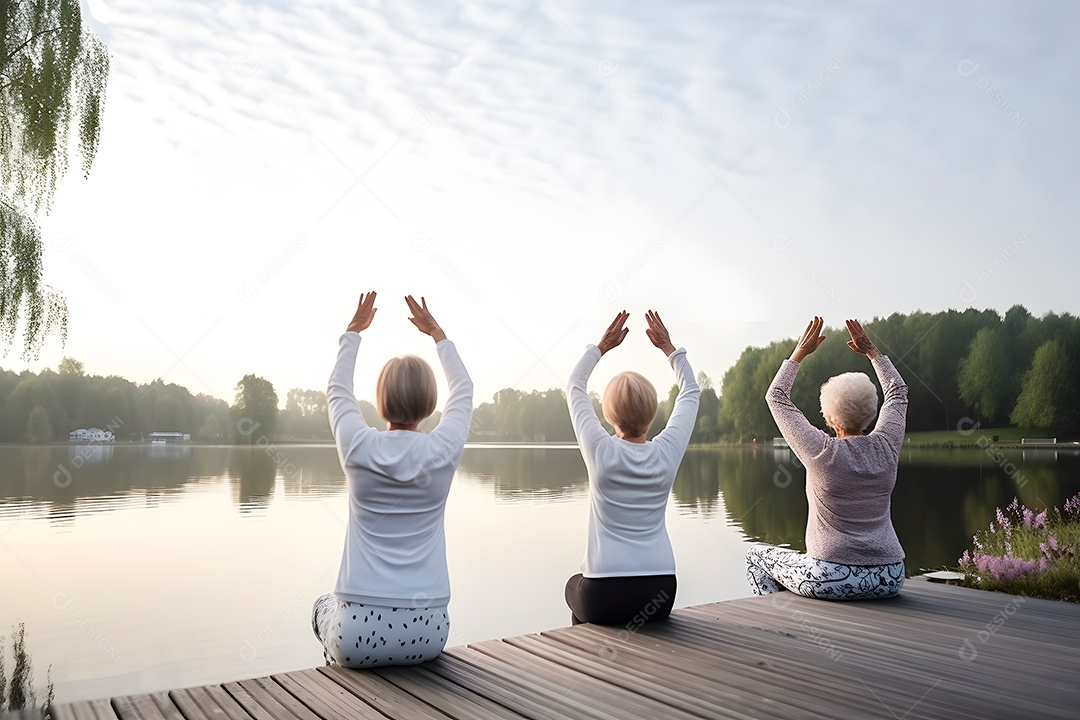 Vista traseira de um grupo de mulheres idosas praticando ioga em um píer de madeira em frente a um lago em uma manhã de verão.