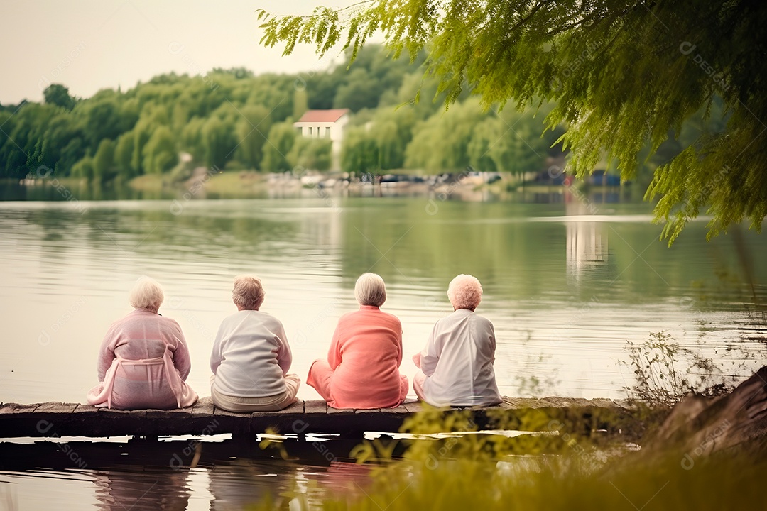 Vista traseira de um grupo de mulheres idosas praticando ioga em um píer de madeira em frente a um lago em uma manhã de verão.