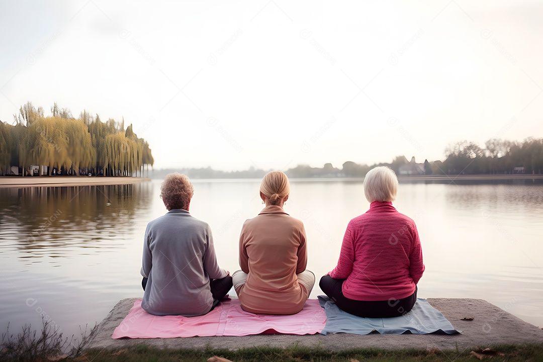 Vista traseira de um grupo de mulheres idosas praticando ioga em um píer de madeira em frente a um lago em uma manhã de verão.