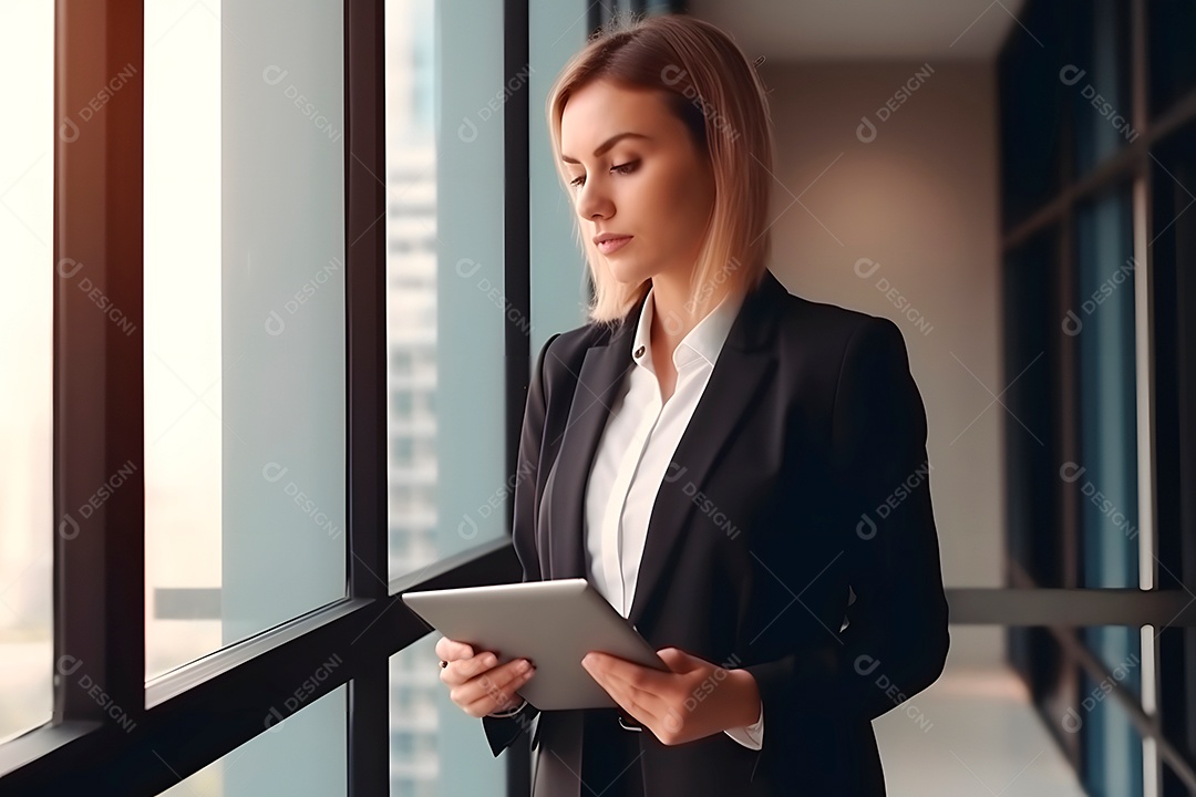 Gerente administrativa séria, de terno formal, em pé perto de uma janela.