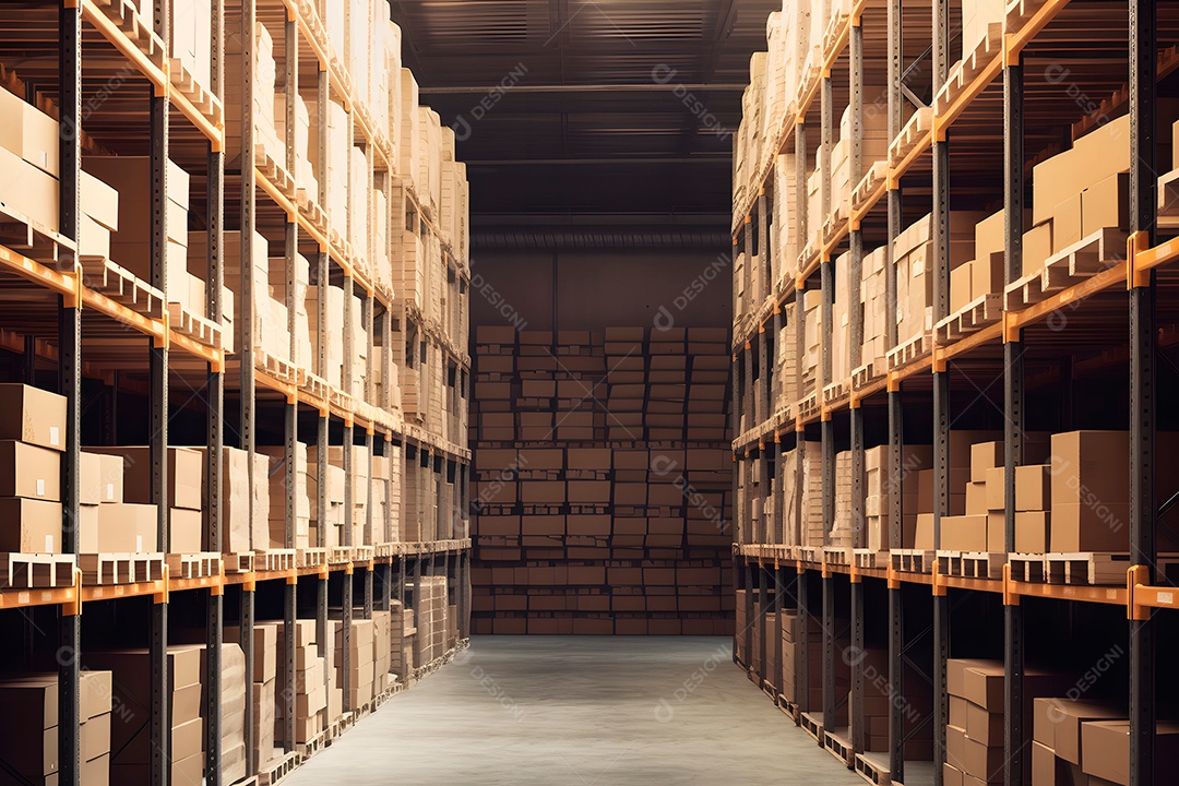 Armazém ou depósito com prateleiras e caixas de papelão.