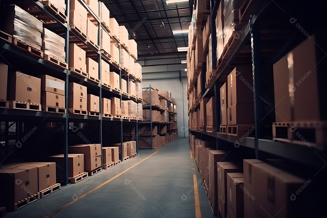 Armazém ou depósito com prateleiras e caixas de papelão.