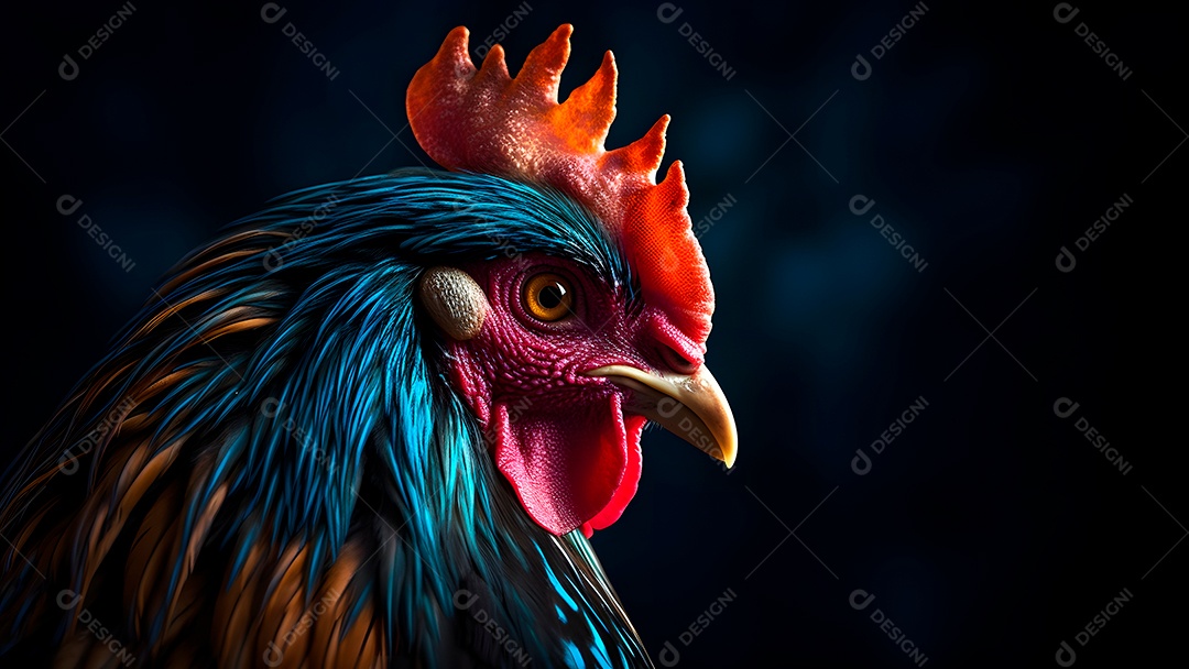Lindo retrato de um galo colorido em close-up sobre fundo preto.