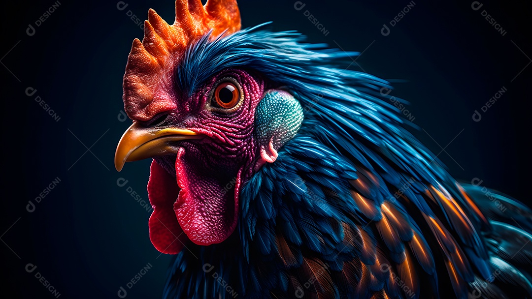 Lindo retrato de um galo colorido em close-up sobre fundo preto.