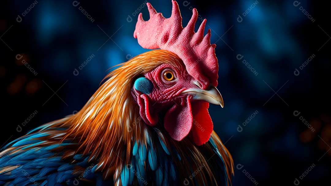 Lindo retrato de um galo colorido em close-up sobre fundo preto.