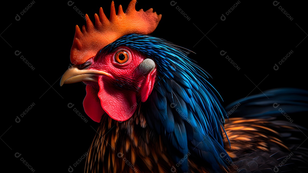Lindo retrato de um galo colorido em close-up sobre fundo preto.