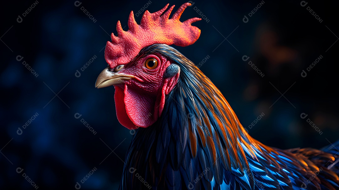 Lindo retrato de um galo colorido em close-up sobre fundo preto.