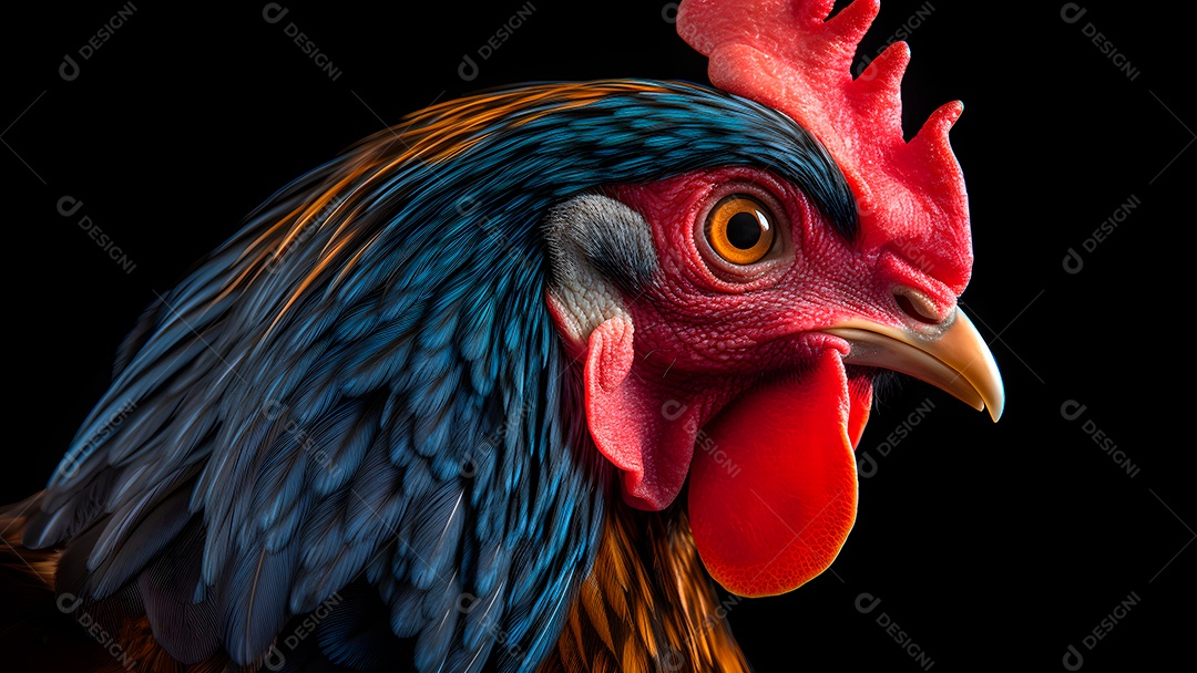 Lindo retrato de um galo colorido em close-up sobre fundo preto.
