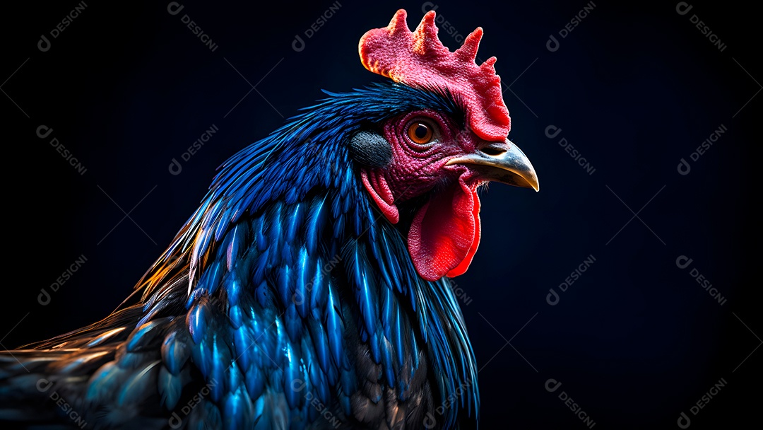 Lindo retrato de um galo colorido em close-up sobre fundo preto.