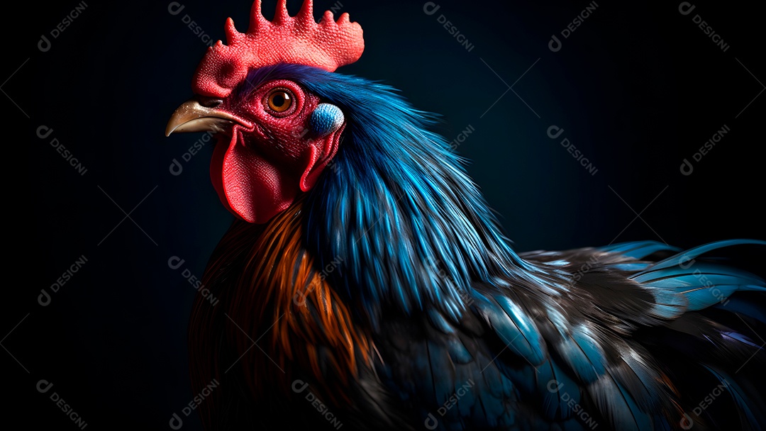 Lindo retrato de um galo colorido em close-up sobre fundo preto.