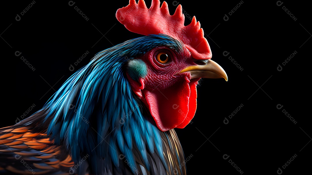 Lindo retrato de um galo colorido em close-up sobre fundo preto.