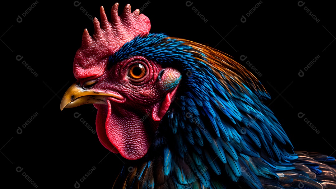 Lindo retrato de um galo colorido em close-up sobre fundo preto.