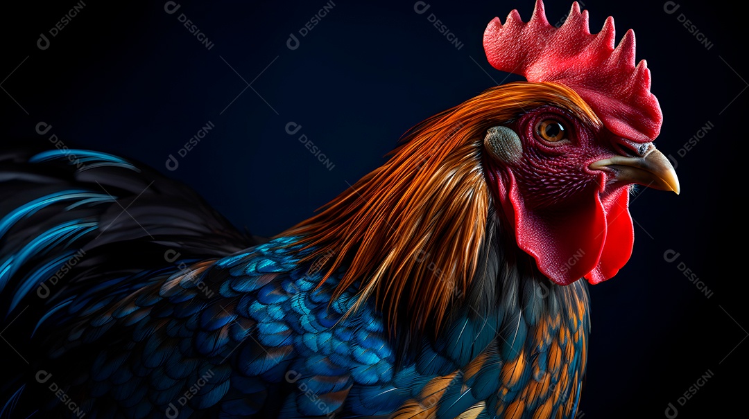 Lindo retrato de um galo colorido em close-up sobre fundo preto.