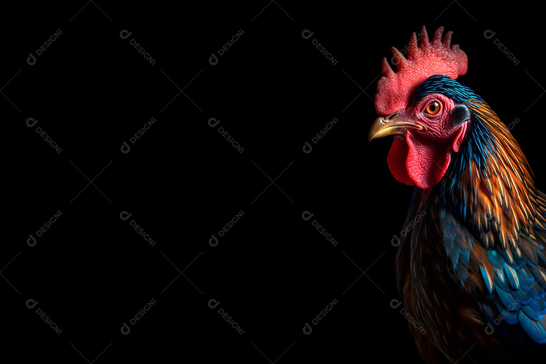 Lindo retrato de um galo colorido em sobre fundo preto.