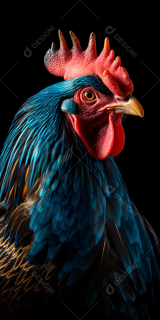 Lindo retrato de um galo colorido em close-up sobre fundo preto.