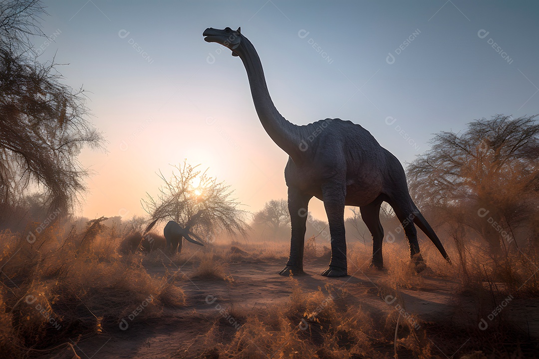 Retrato de corpo inteiro de um brontossauro em ângulo aberto sob a luz de um dia de verão