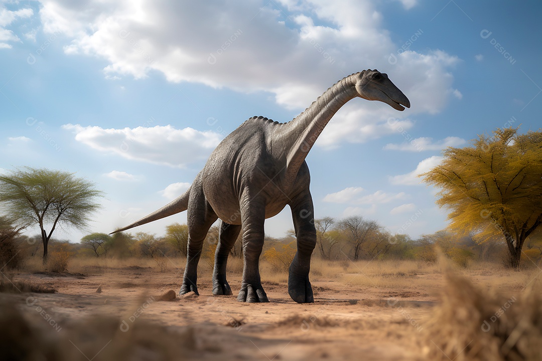 Retrato de corpo inteiro de um brontossauro em ângulo aberto sob a luz de um dia de verão