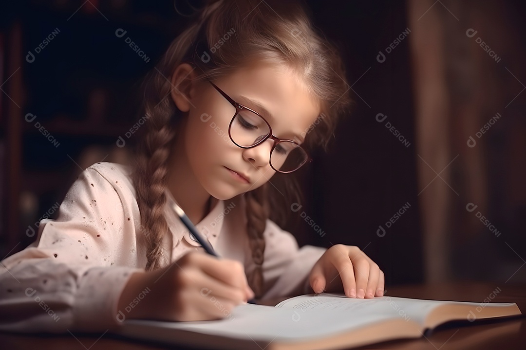 Conceito de educação e escola - aluna loira caucasiana estudando à noite em casa.