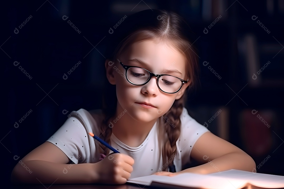 Conceito de educação e escola - aluna loira caucasiana estudando à noite em casa.
