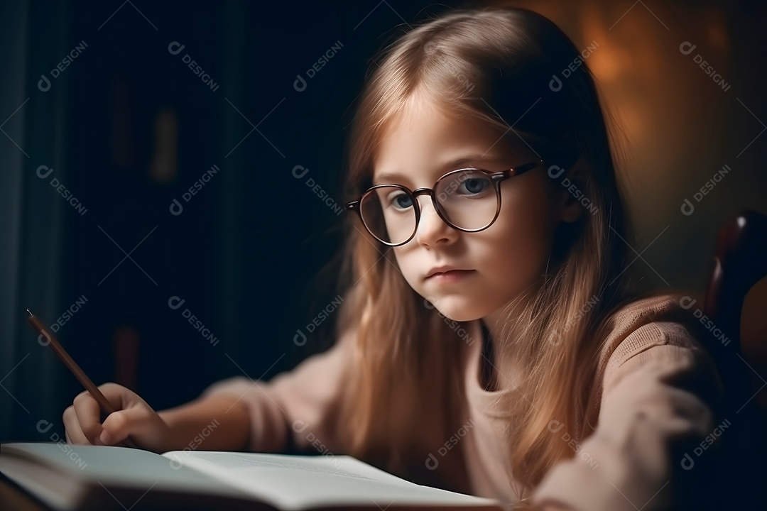 Conceito de educação e escola - aluna loira caucasiana estudando à noite em casa.