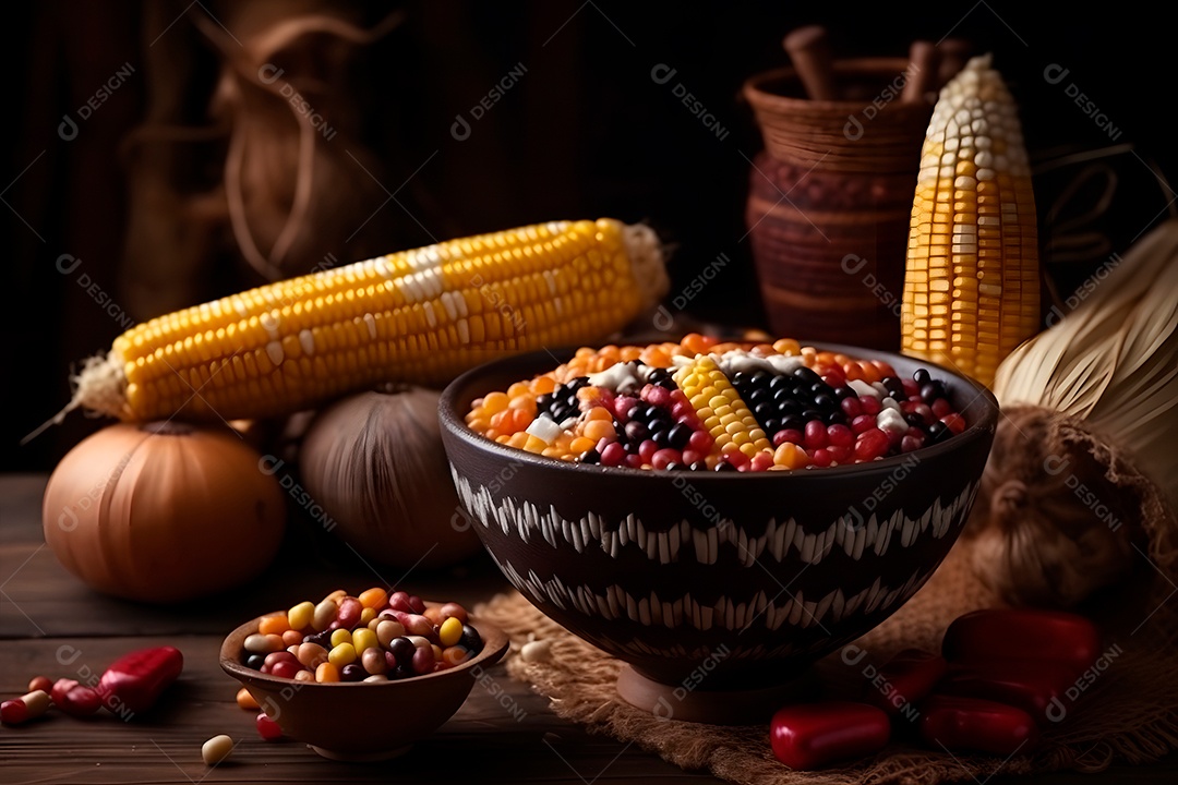 Tigela de milho e colheita em fundo preto