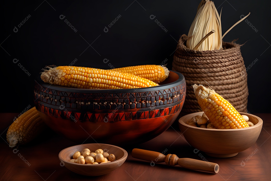 Tigela de milho e colheita em fundo preto