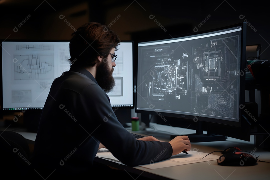 Visão por cima do ombro de um engenheiro trabalhando com software CAD usando duas grandes telas de computador.