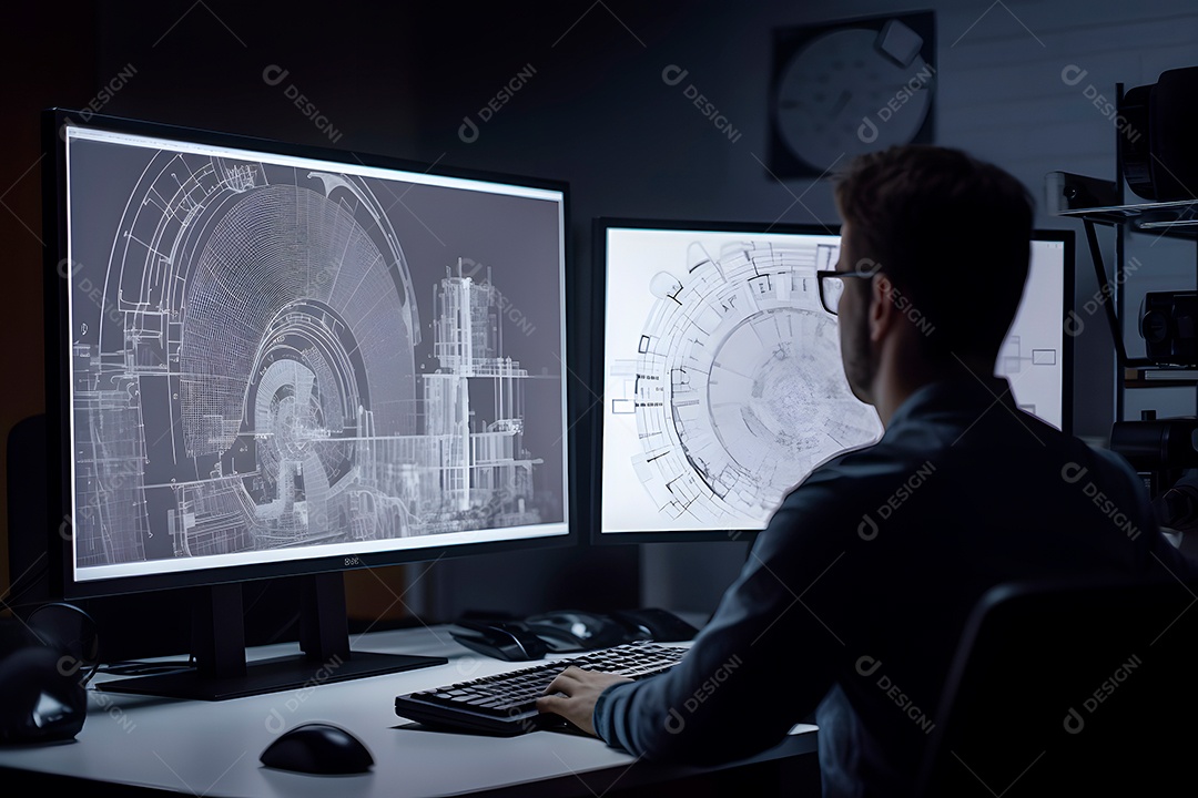 Visão por cima do ombro de um engenheiro trabalhando com software CAD usando duas grandes telas de computador.