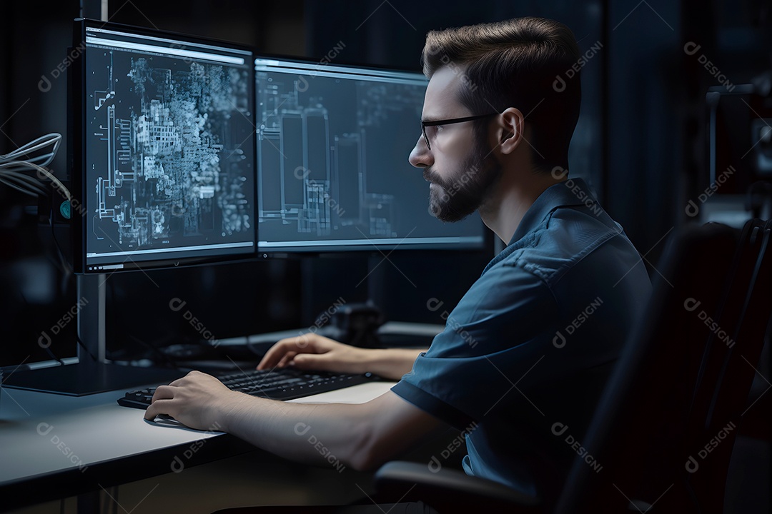 Visão por cima do ombro de um engenheiro trabalhando com software CAD usando duas grandes telas de computador.