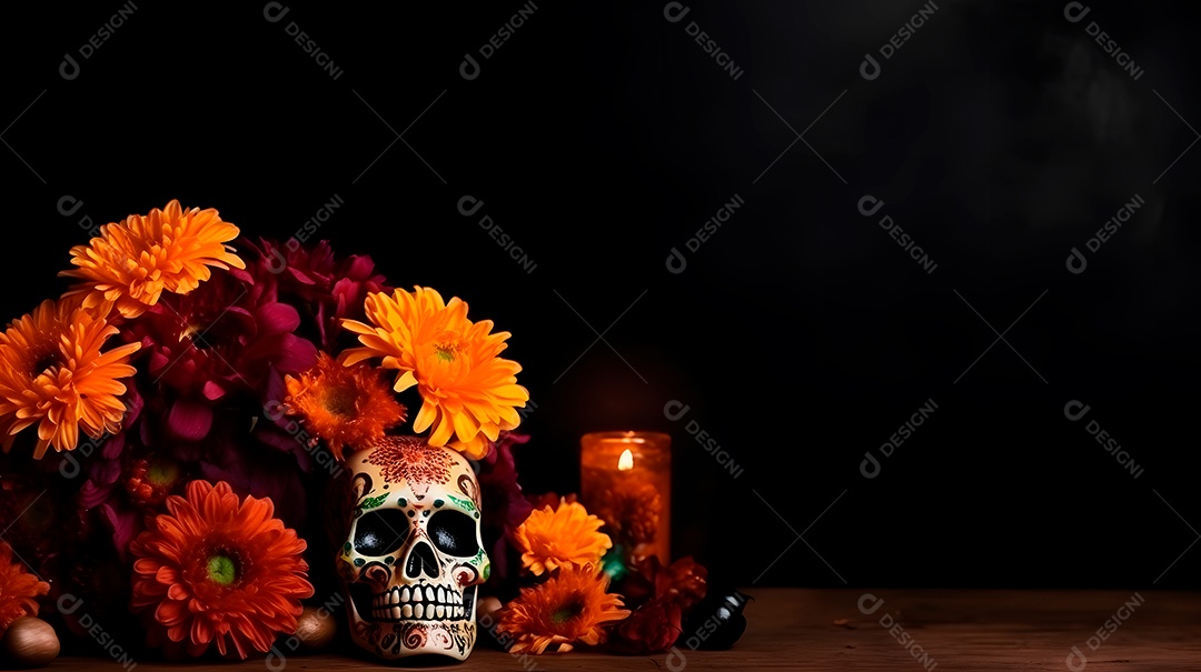 Remos brancos ornamentados com velas e flores para o Dia de los Muertos ou celebração do Dia dos Mortos