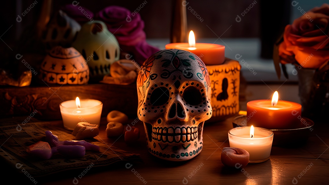 Remos brancos ornamentados com velas e flores para o Dia de los Muertos ou celebração do Dia dos Mortos