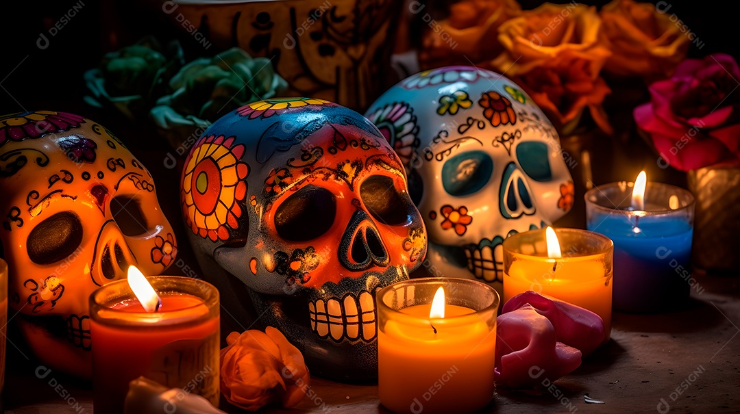 Remos brancos ornamentados com velas e flores para o Dia de los Muertos ou celebração do Dia dos Mortos