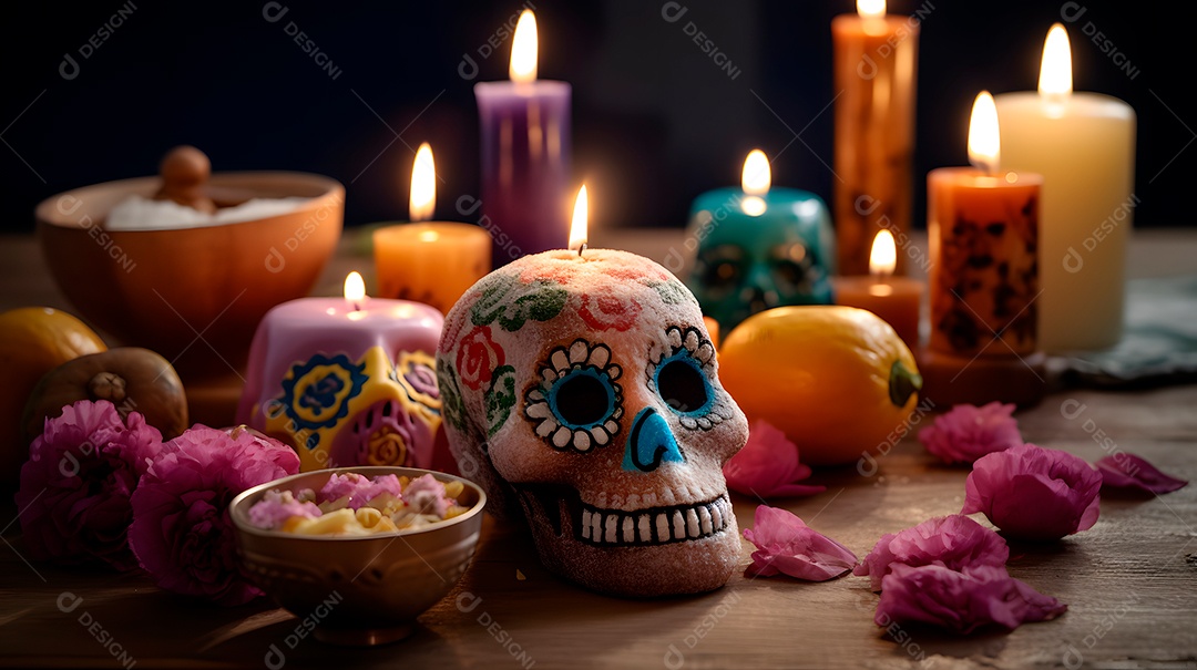Remos brancos ornamentados com velas e flores para o Dia de los Muertos ou celebração do Dia dos Mortos