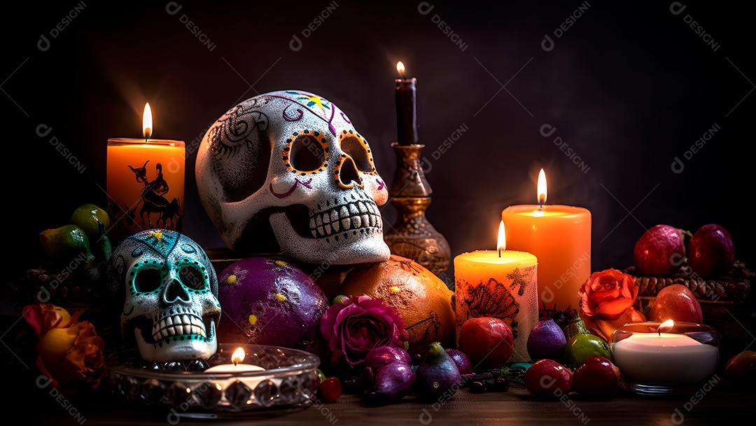 Remos brancos ornamentados com velas e flores para o Dia de los Muertos ou celebração do Dia dos Mortos