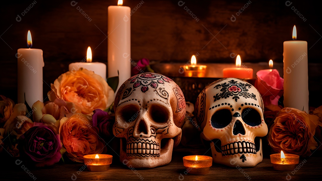 Remos brancos ornamentados com velas e flores para o Dia de los Muertos ou celebração do Dia dos Mortos