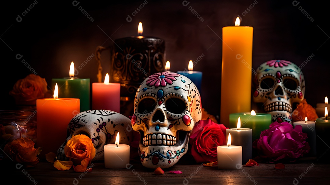Remos brancos ornamentados com velas e flores para o Dia de los Muertos ou celebração do Dia dos Mortos