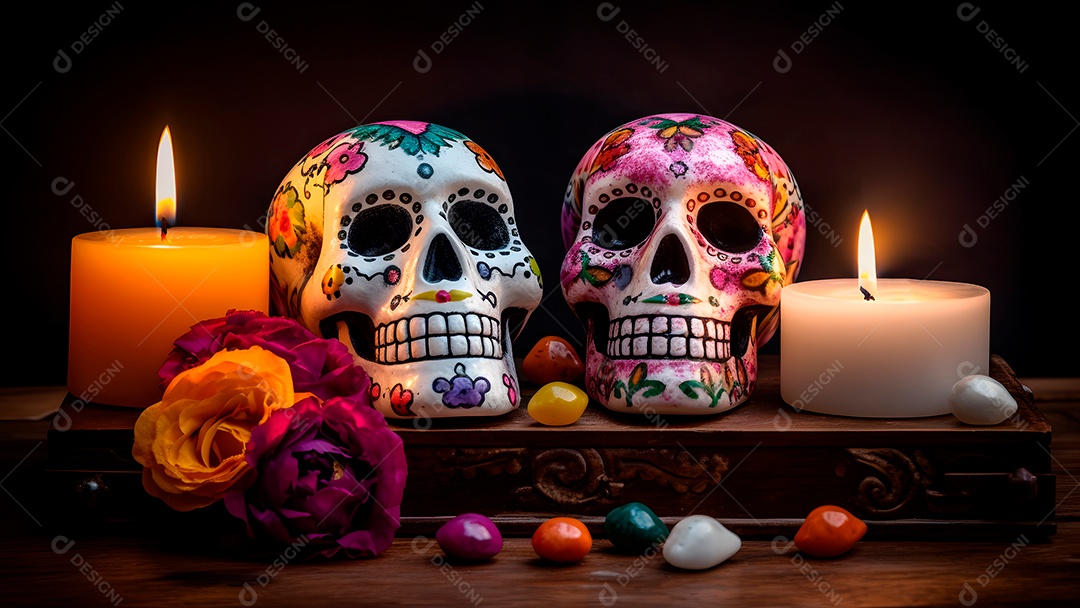 Remos brancos ornamentados com velas e flores para o Dia de los Muertos ou celebração do Dia dos Mortos