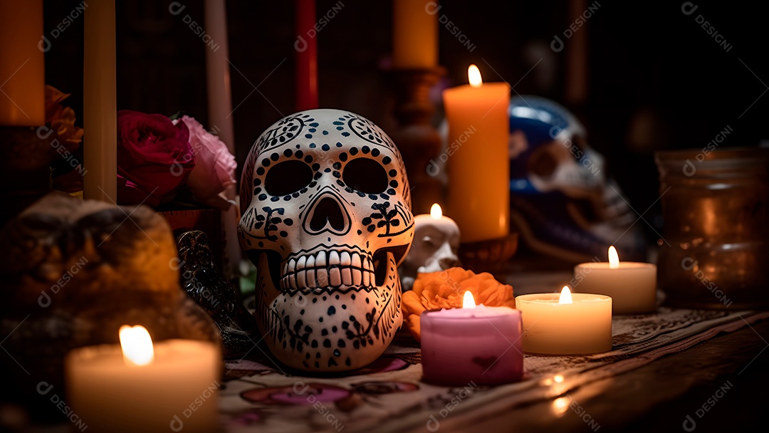 Remos brancos ornamentados com velas e flores para o Dia de los Muertos ou celebração do Dia dos Mortos