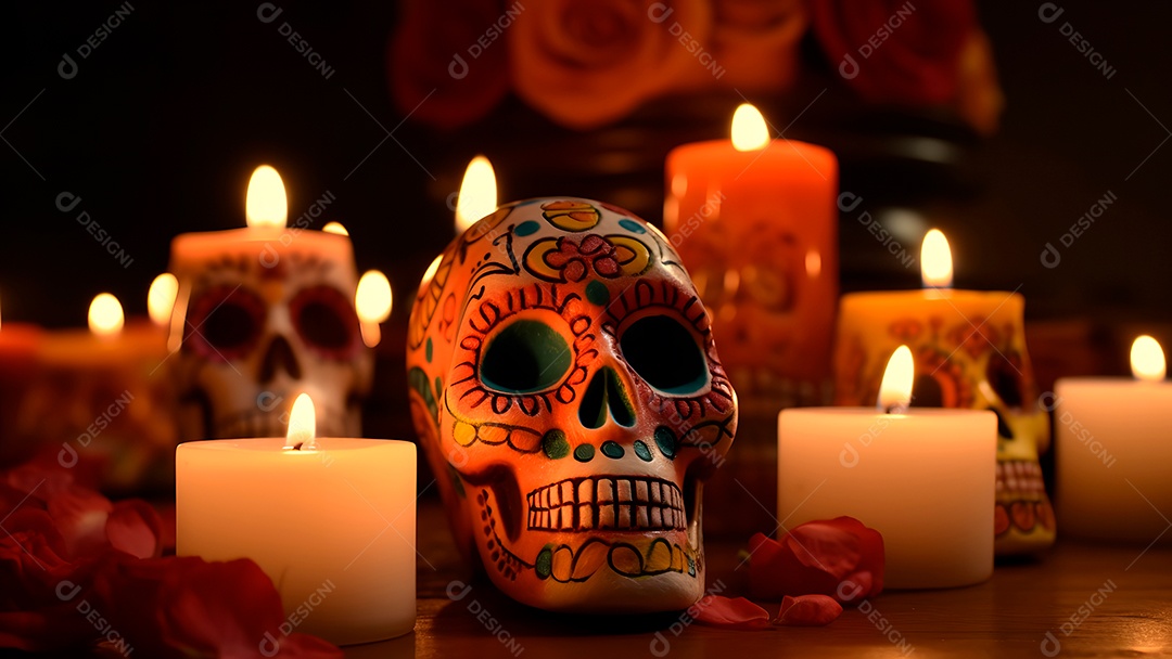 Remos brancos ornamentados com velas e flores para o Dia de los Muertos ou celebração do Dia dos Mortos