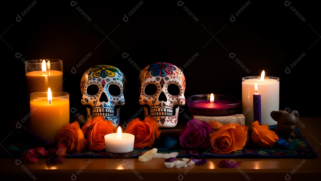Dois cowboys fantasiados com maquiagem de caveira em frente a uma mesa com velas no evento do Dia de los Muertos