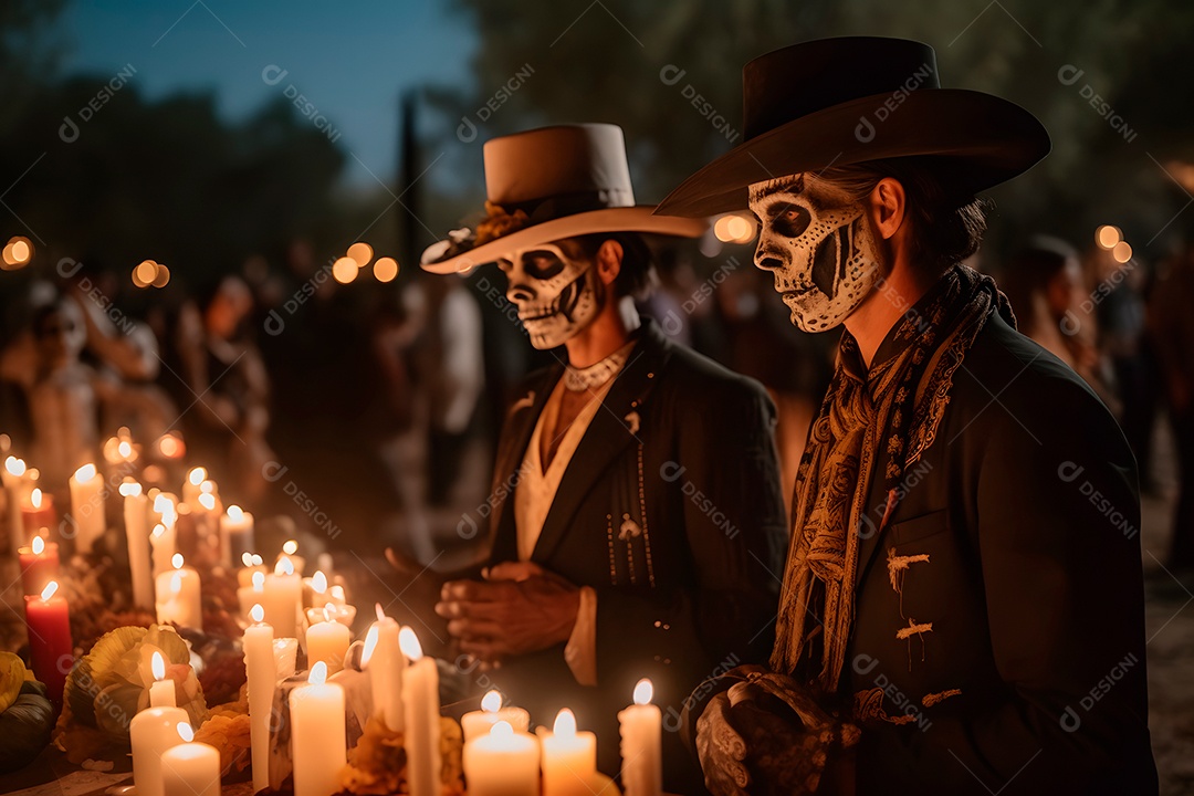 Dois cowboys fantasiados com maquiagem de caveira em frente a uma mesa com velas no evento do Dia de los Muertos