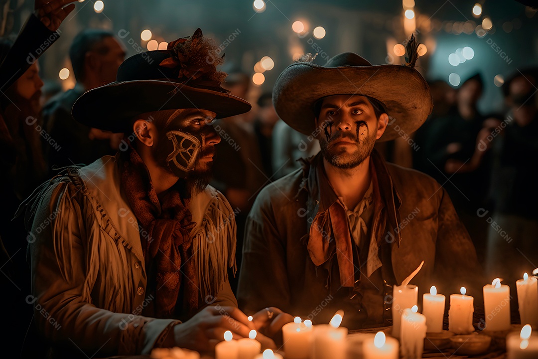 Dois cowboys fantasiados com maquiagem de caveira em frente a uma mesa com velas no evento do Dia de los Muertos