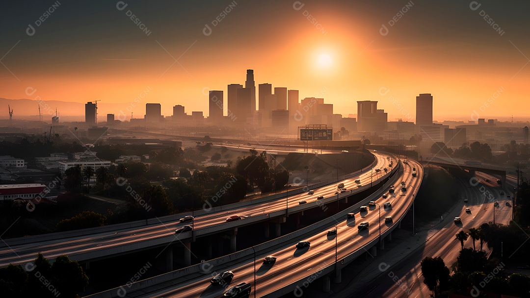 Pôr do sol em uma via movimentada com carros