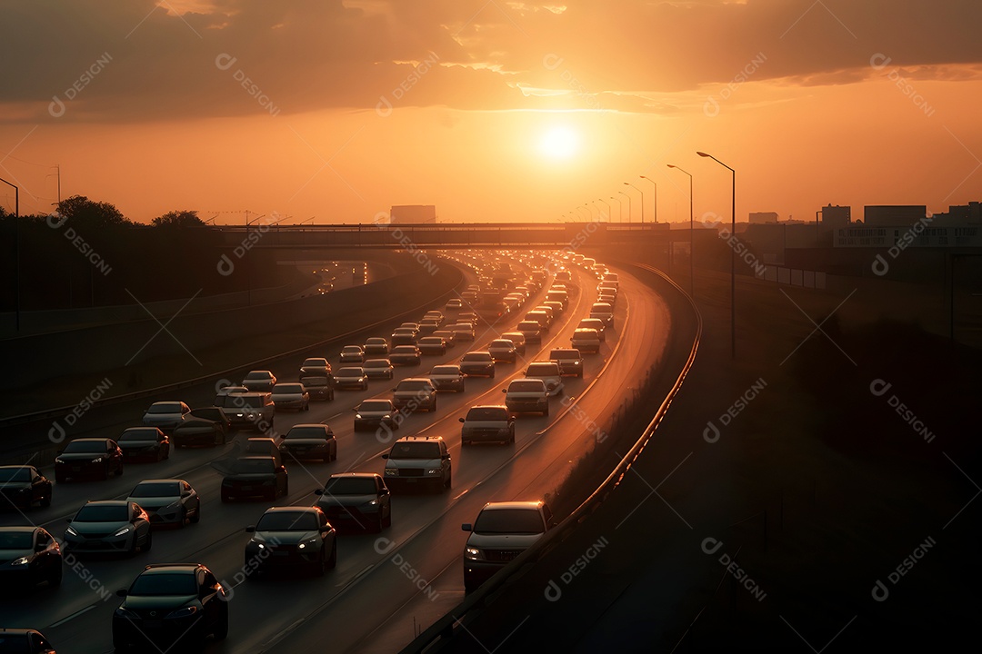 Pôr do sol em uma via movimentada com carros