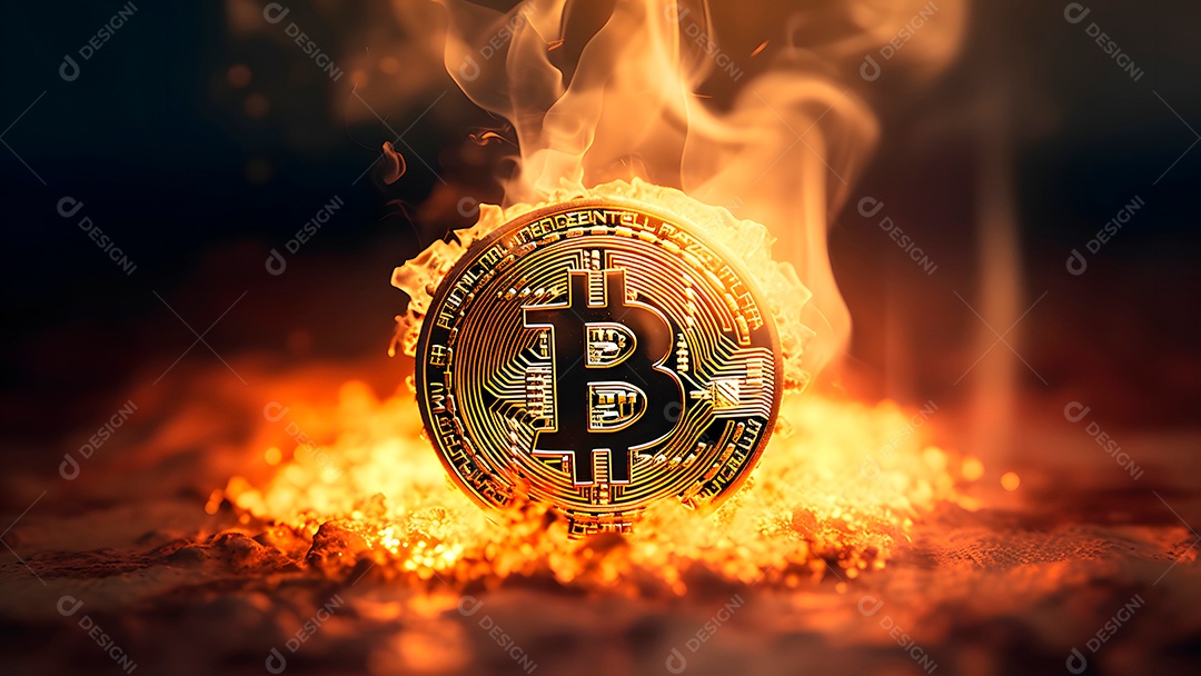 Criptomoeda bitcoin sobre fundo com fumaça