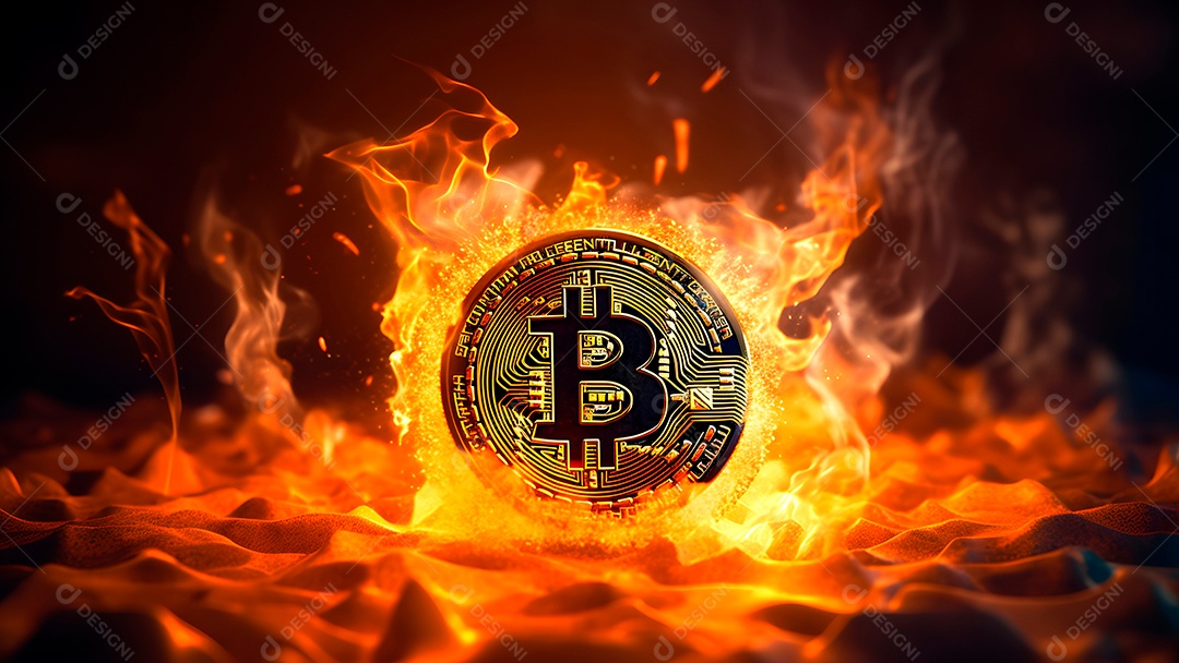 Criptomoeda bitcoin sobre fundo com fumaça