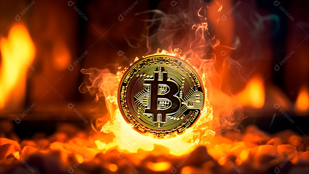 Criptomoeda bitcoin sobre fundo com fumaça