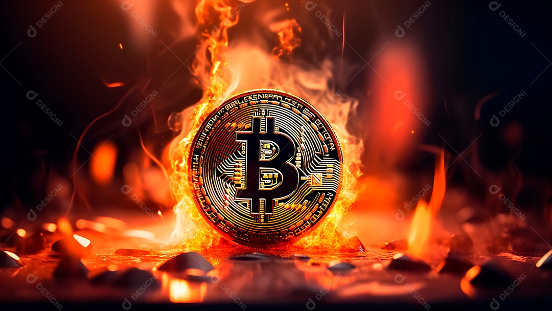 Criptomoeda bitcoin sobre fundo com fumaça