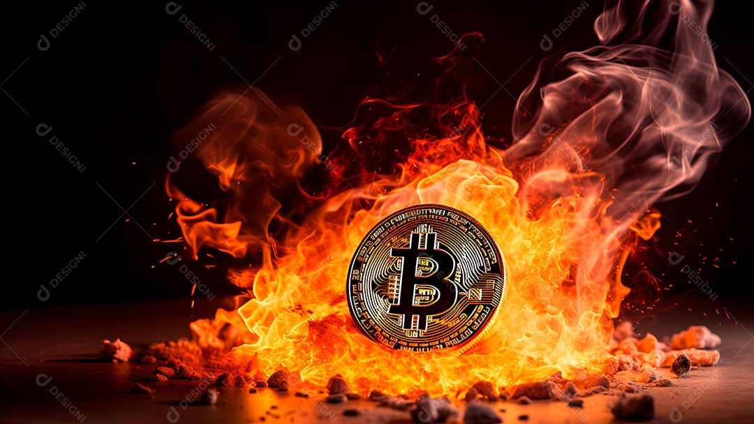 Criptomoeda bitcoin sobre fundo com fumaça