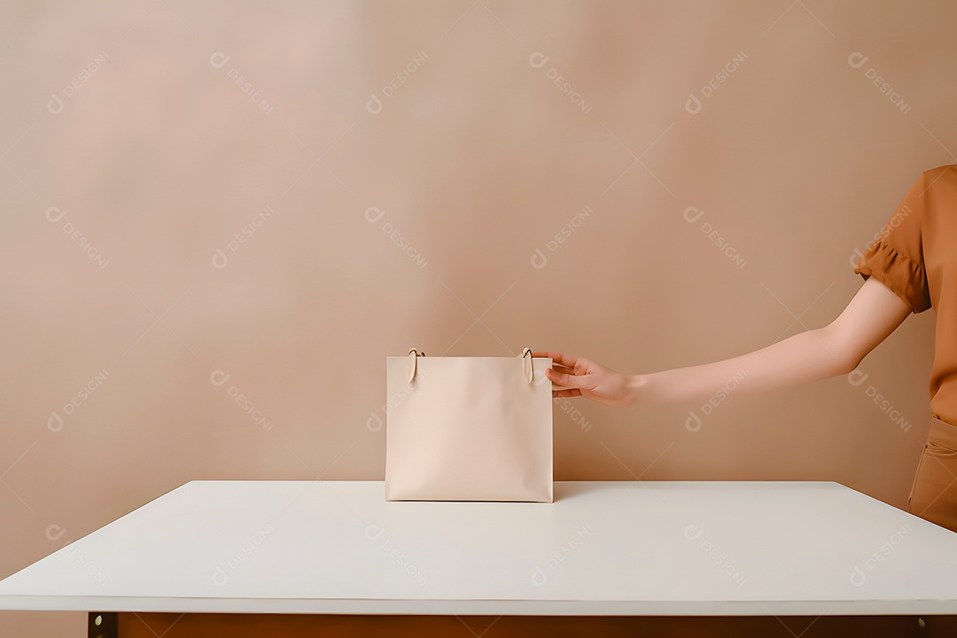 Linda mulher jovem segurando bolsa sobre fundo cinza